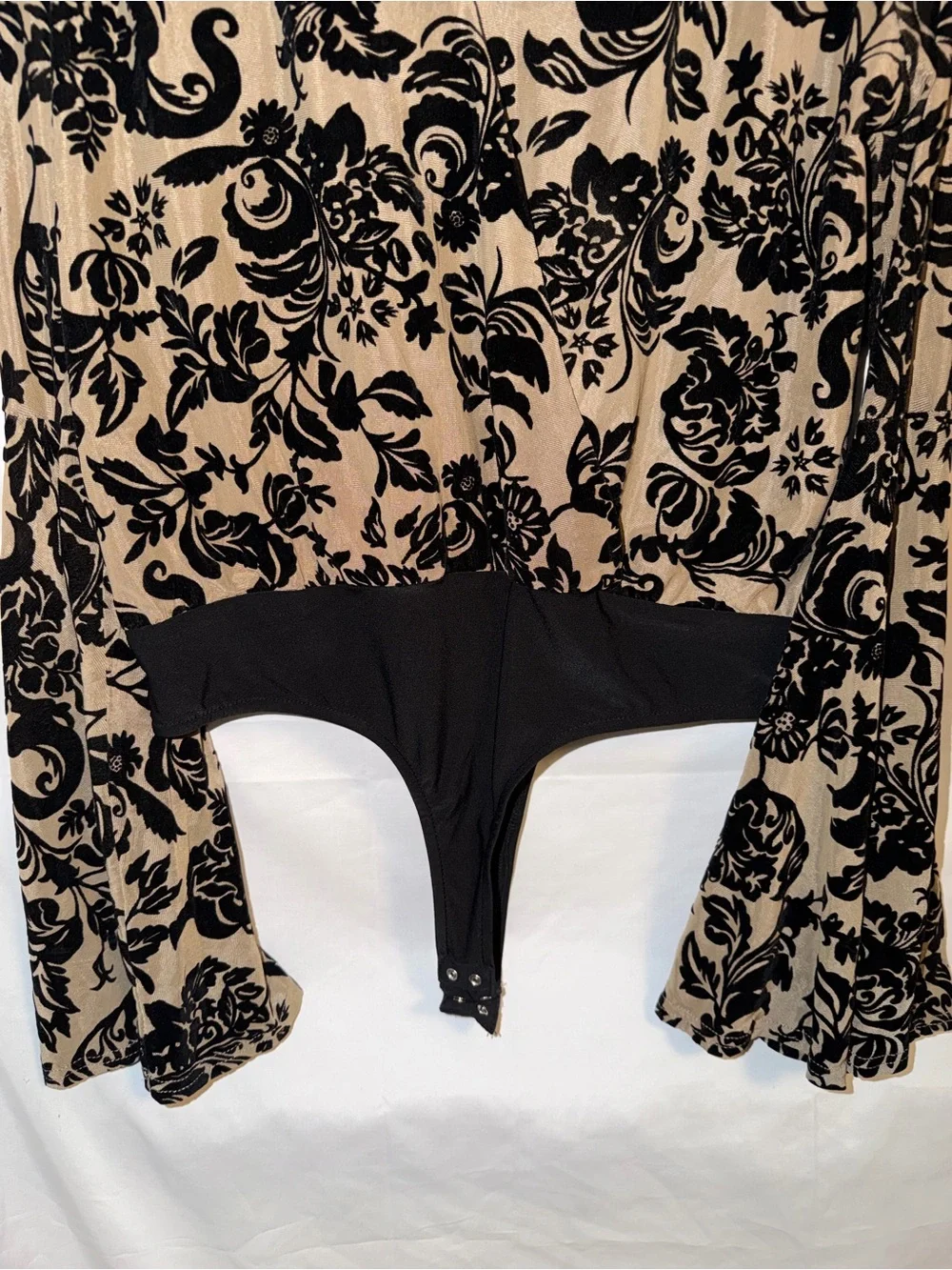 Beige & Black Floral Velvet Flocked Bodysuit - Picture 3 of 4